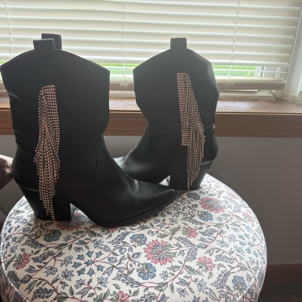 Boutique 9 Black Heeled Boots with Rhinestone Fringe